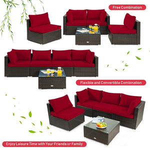 5 Pieces Cushioned Patio Rattan Furniture Set with Glass Table-Red view 9