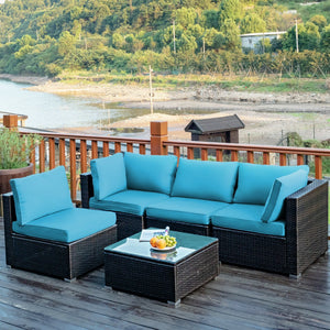 5 Pieces Cushioned Patio Rattan Furniture Set with Glass Table-Turquoise view 2