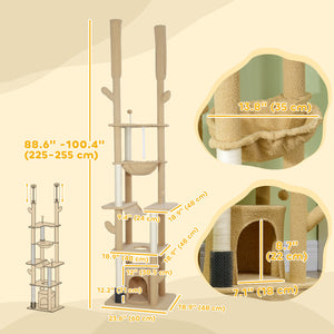 89"-100" Floor to Ceiling Cat Tree Cat Tower for Large Cats w/ Scratching Posts, Grooming Brush Post, Cat Condo, Brown