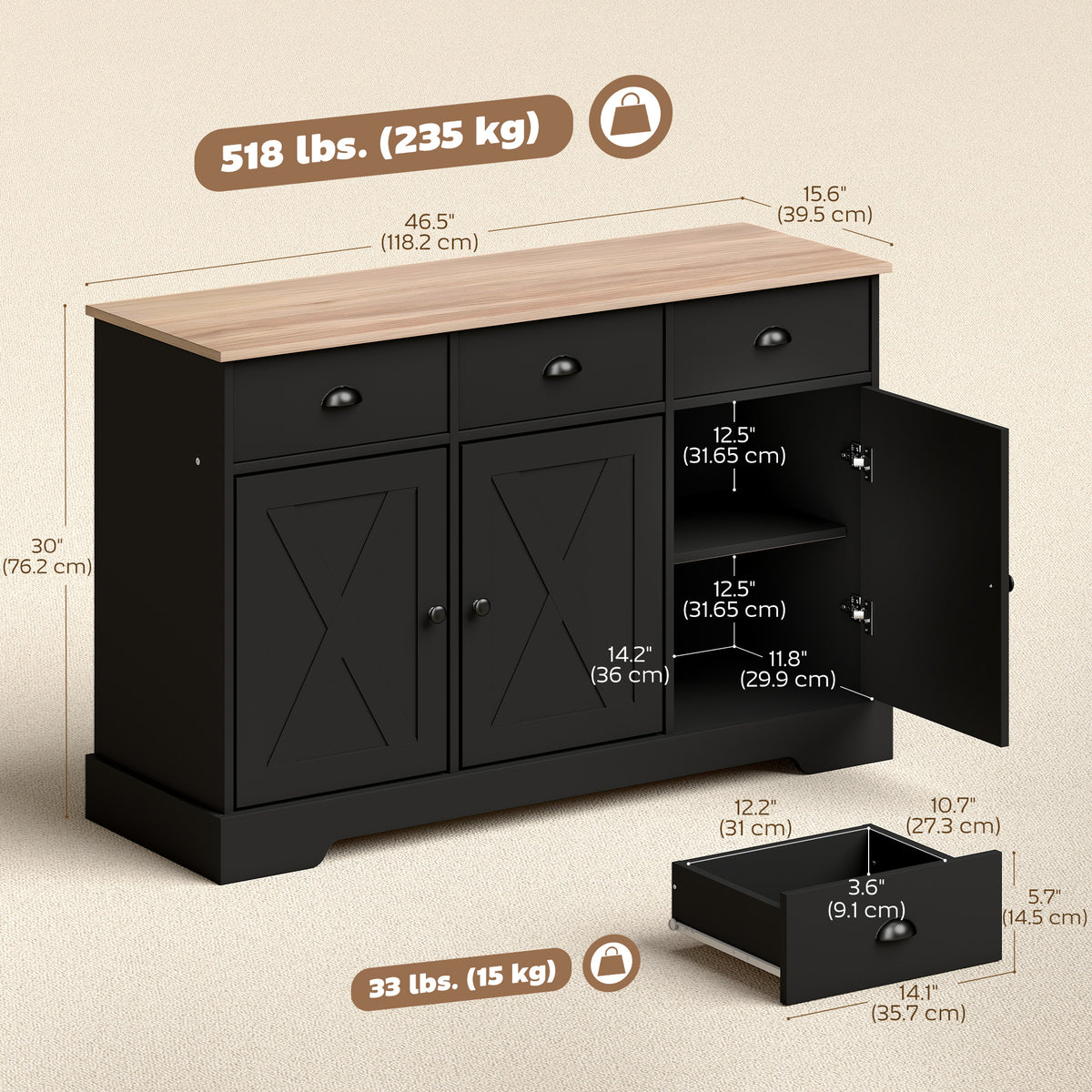 46.5" Buffet Cabinet, Farmhouse Sideboard with 3 Barn Doors and 3 Drawers for Living Room, Kitchen, Black – view 2