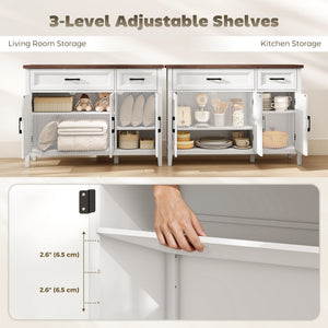 Sideboard Buffet Cabinet, 44" Farmhouse Kitchen Cabinet with 3 Chevron Doors, 2 Drawers and 2 Adjustable Shelves, White