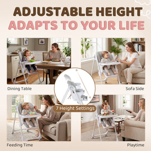 Qaba High Chair with Wheels, Double Tray, Foldable Baby Seat with Adjustable Seat Height, Backrest, Footrest and Tray, Grey