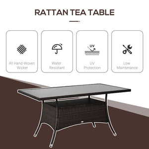 Garden Dining Table, Patio Rattan Dining Table with Glass Top, Storage Shelf for Yard, 59" x 34" x 29", Brown