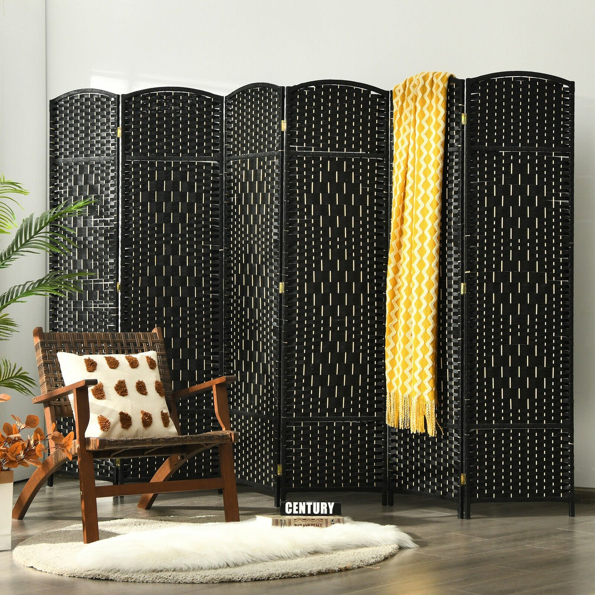 6.5Ft 6-Panel Weave Folding Fiber Room Divider Screen-Black view 2