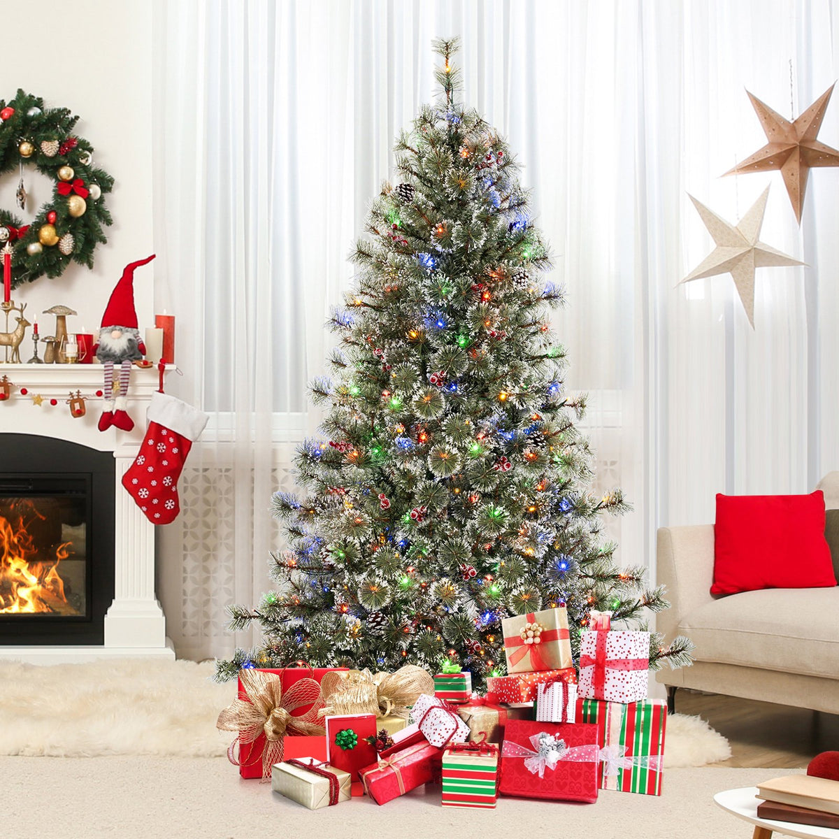 6/7.5/9 FT Artificial Christmas Tree Pre-Lit Hinged Holiday Tree with 360° Quick Power Connector-6 ft view 2
