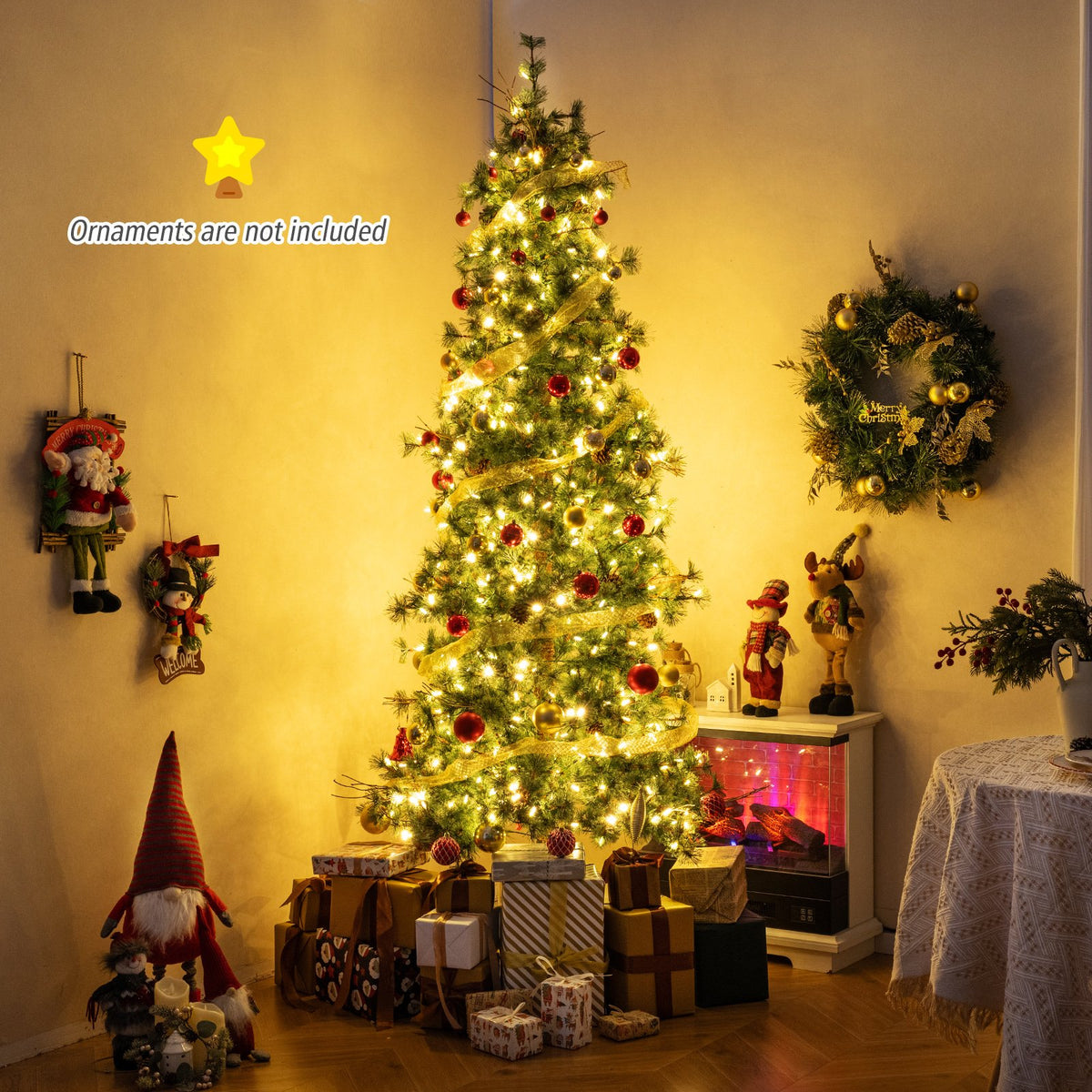 6/7/8 Feet Artificial Christmas Tree Pre-lit Hinged Xmas Tree with Warm White LED Lights and Pine Cones-8ft view 2