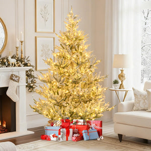 6/7/8 Feet Pre-Lit Artificial Christmas Tree Hinged Snow Flocked Xmas Tree-7 ft view 2