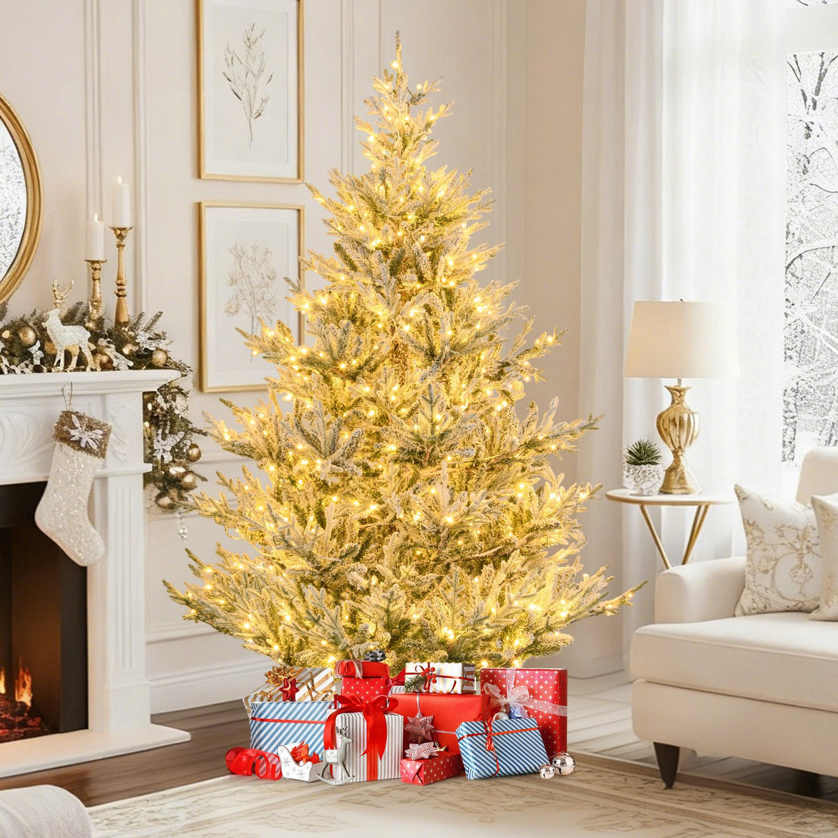 6/7/8 Feet Pre-Lit Artificial Christmas Tree Hinged Snow Flocked Xmas Tree-7 ft view 2