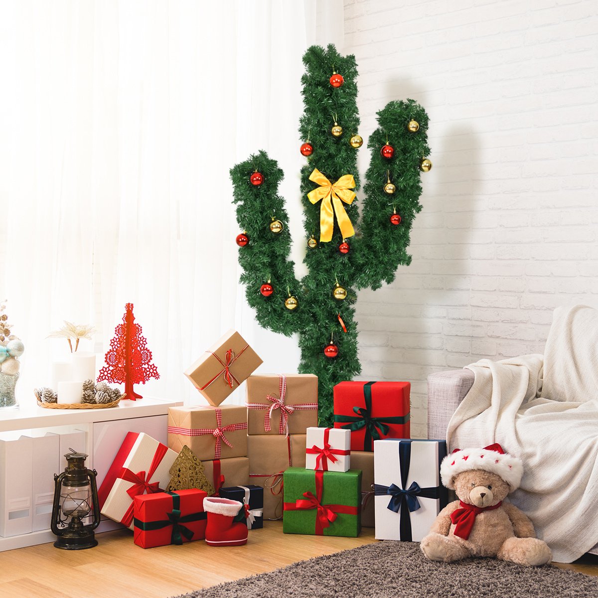 6 Feet Artificial Cactus PVC Christmas Tree with LED Lights and Ball Ornaments-6 ft view 2