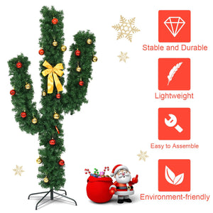 6 Feet Artificial Cactus PVC Christmas Tree with LED Lights and Ball Ornaments-6 ft view 5