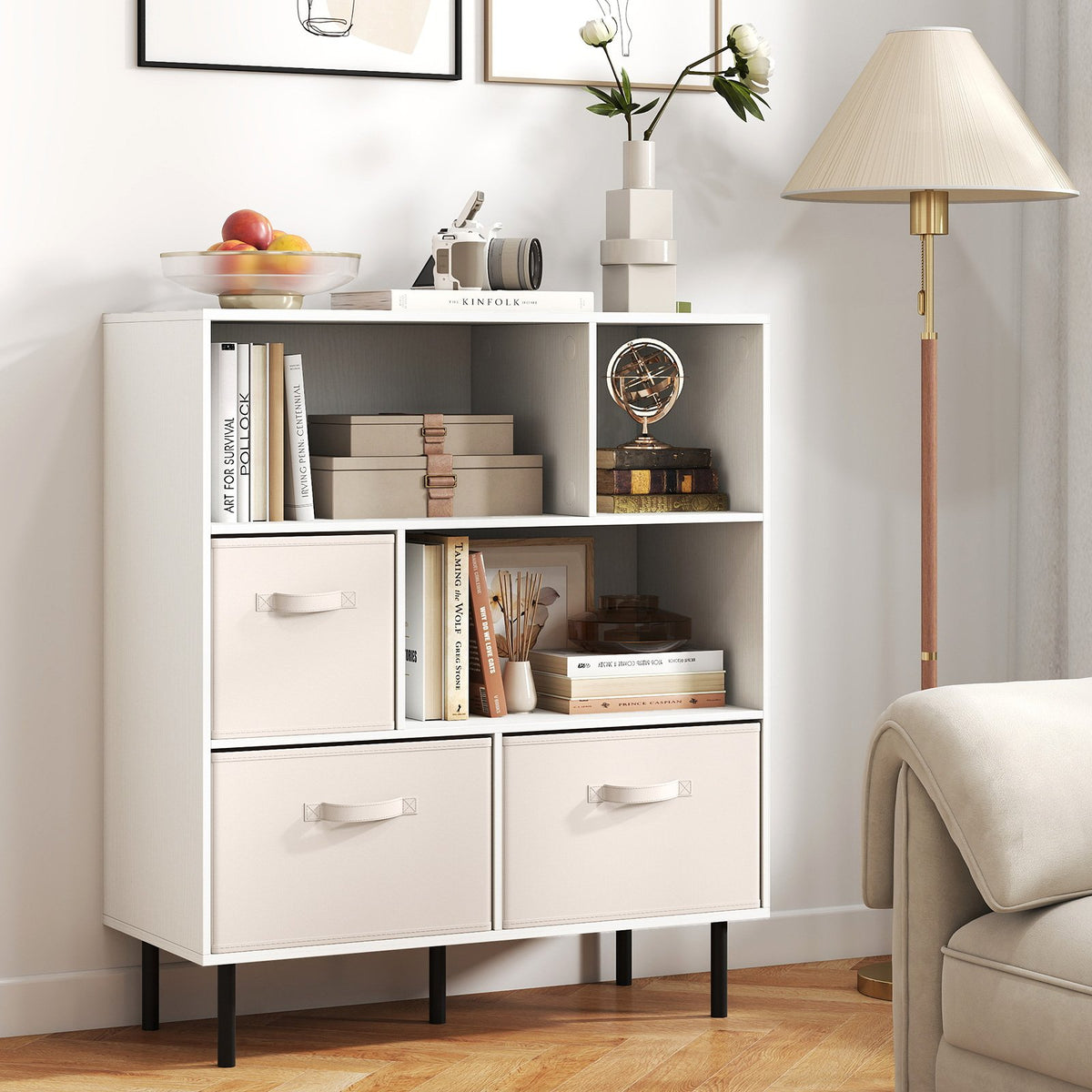 6-Cube Bookshelf with 3 Removable Folding Fabric Drawers for Living Room-White view 2