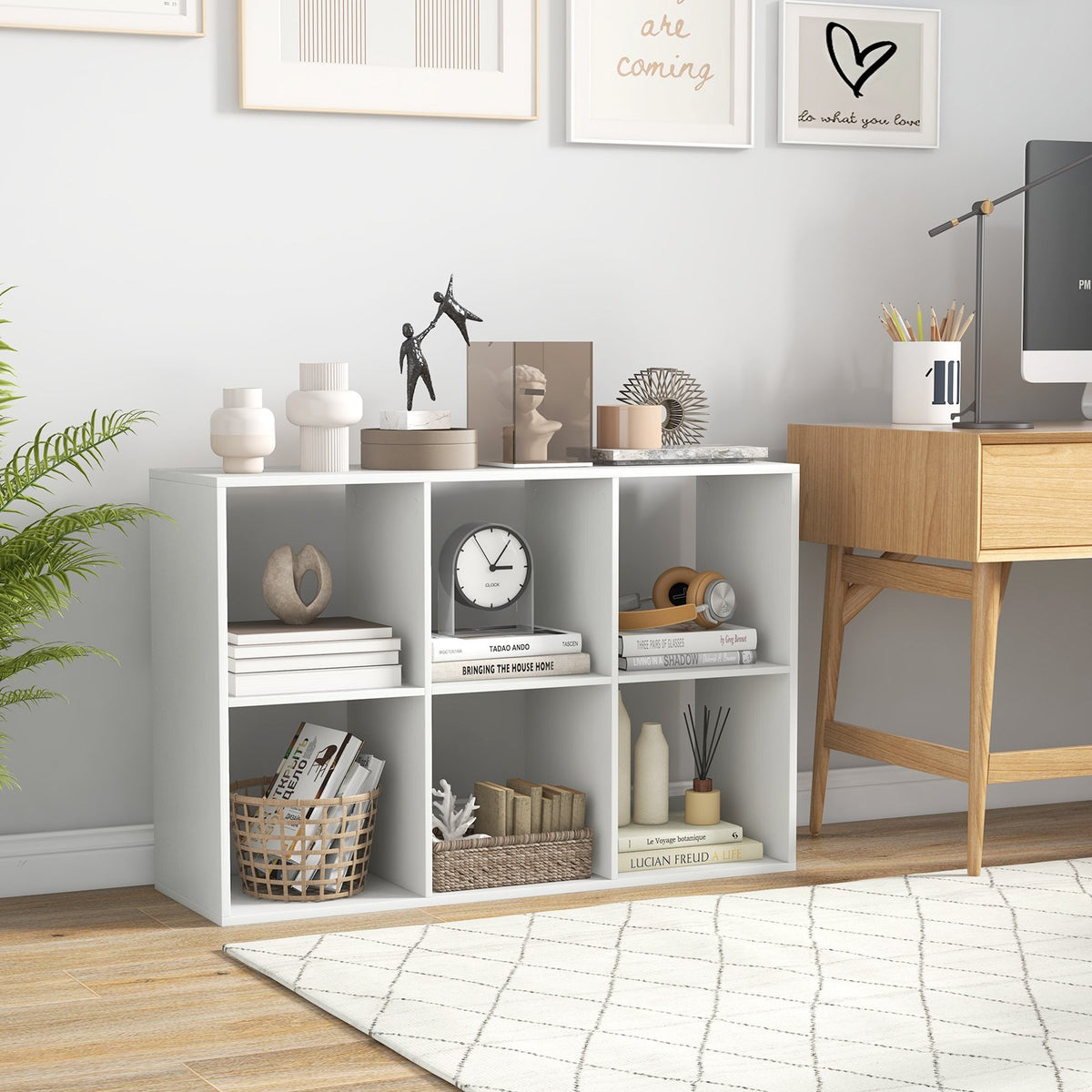 6 Cube Bookshelf with Back Guardrail for Living Room Bedroom-White view 2