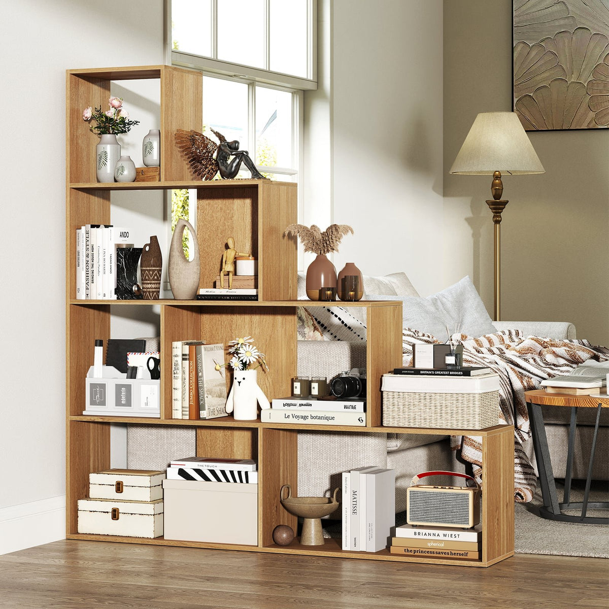 4-Tier Bookshelf Stair Bookcase with 6 Cubes Display Rack-Natural view 2