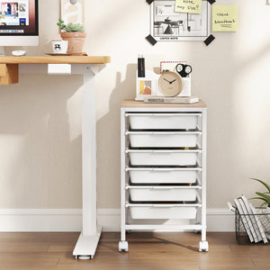 6-Drawer Rolling Storage Cart with Wooden Tabletop-White view 3