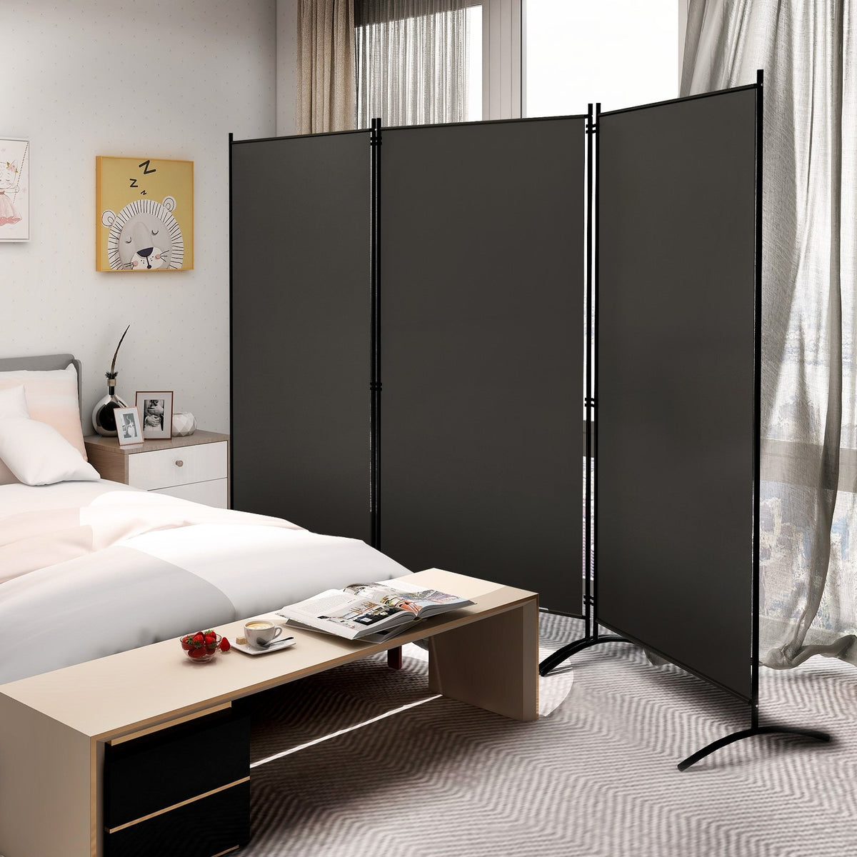 6 Feet 3 Panel Room Divider with Durable Hinges Steel Base-Gray view 2