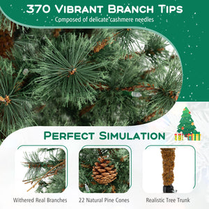 6 Feet Artificial Christmas Tree Pre-lit Hinged Xmas Tree with Warm White LED Lights and Pine Cones view 6