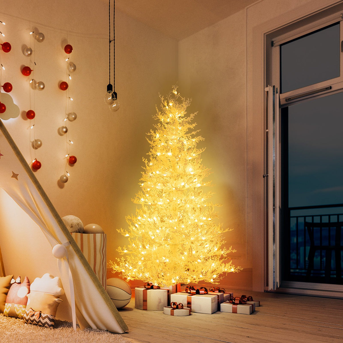 6 Feet Artificial Xmas Tree with 383 PE Branch Tips and 300 LED Lights view 2
