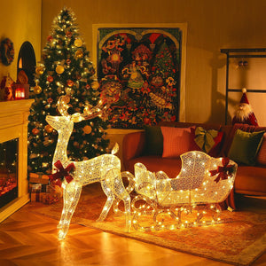 6 Feet Christmas Lighted Reindeer and Santa's Sleigh Decoration with 4 Stakes-Golden view 2