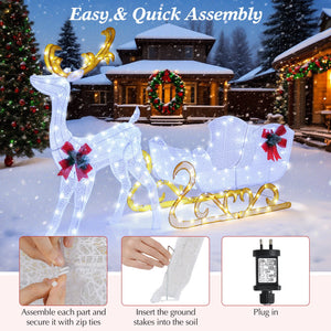 6 Feet Christmas Lighted Reindeer and Santa's Sleigh Decoration with 4 Stakes-White view 7