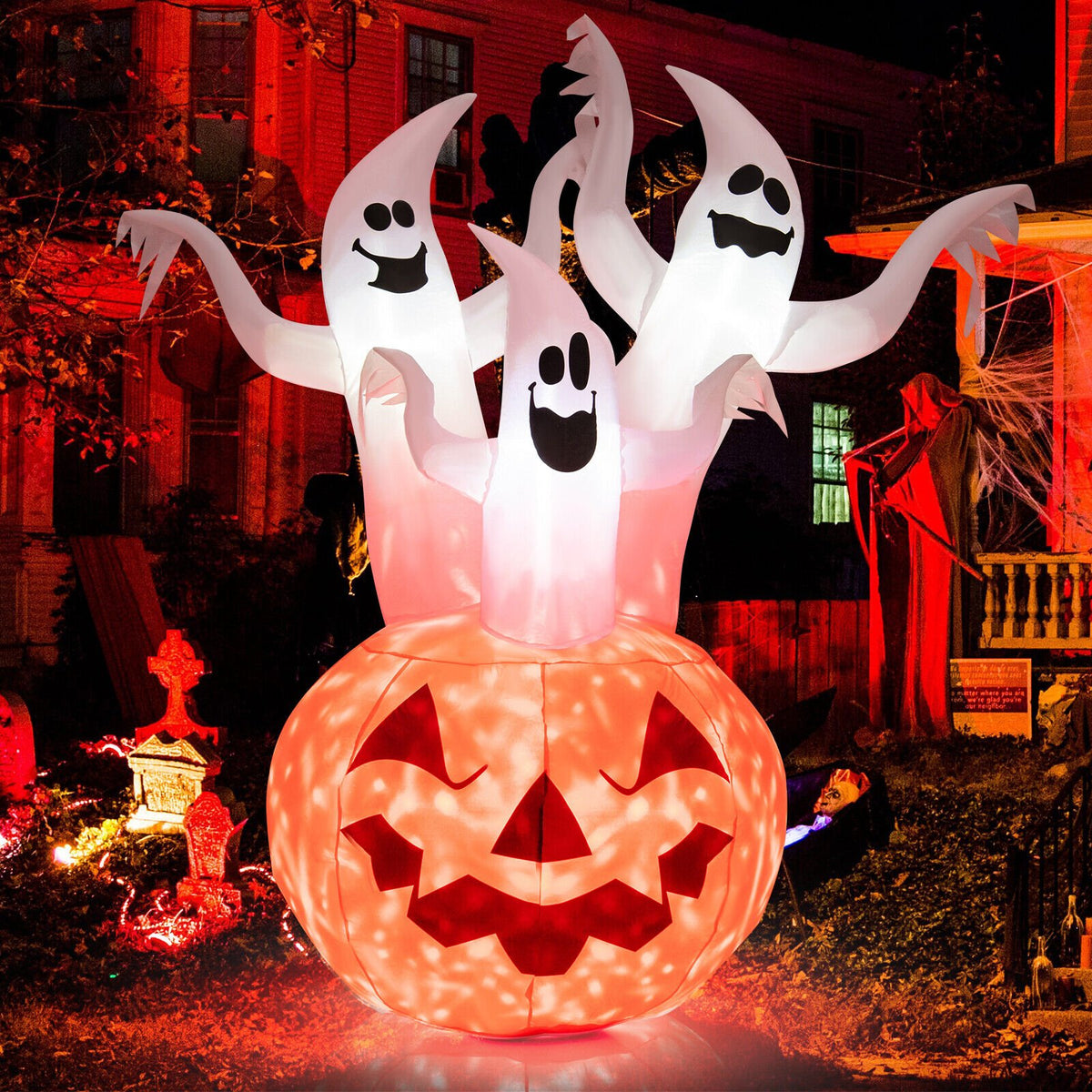 6 Feet Inflatable Halloween Ghosts with Pumpkin Decor and Rotating Lamp view 2