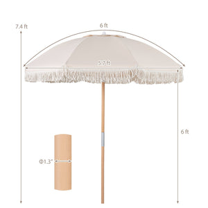 6 Feet Patio Umbrella with Fringe with Push Button Tilt and Wood Pole-Beige view 5