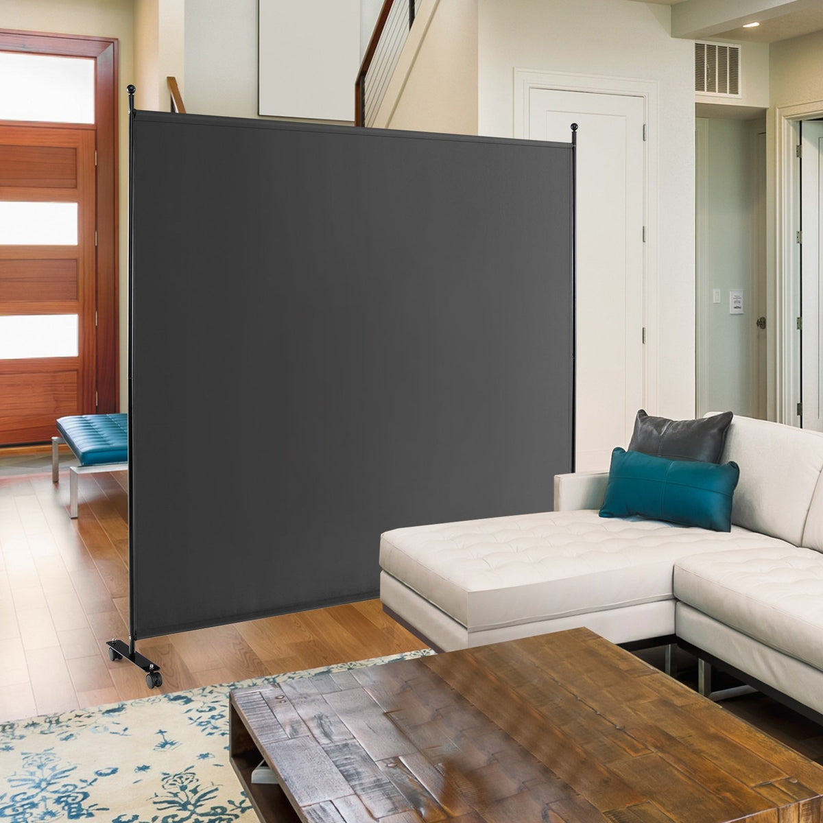 6 Feet Single Panel Rolling Room Divider with Smooth Wheels-Dark Gray view 2