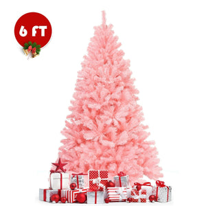 6 Feet Pink Artificial Hinged Spruce Full Christmas Tree with Foldable Metal Stand view 7