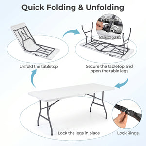 6 FT Plastic Fold-in-Half Camping Table-White view 7