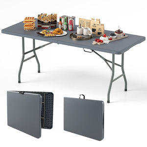6 ft Portable Folding Table 350 LBS Fold-in-Half Table with HDPE Tabletop-Gray view 4