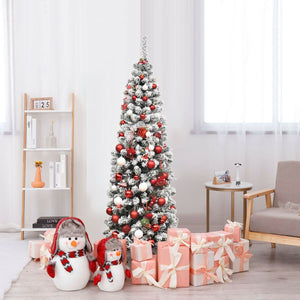 6 Feet Pre-lit Snow Flocked Artificial Pencil Christmas Tree with 250 LED Lights view 3