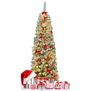 6 Feet Pre-lit Snow Flocked Artificial Pencil Christmas Tree with 250 LED Lights view 4
