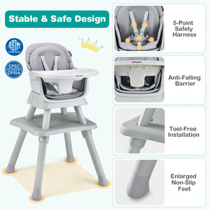 6-in-1 Convertible Baby High Chair with Adjustable Removable Tray-Gray view 6