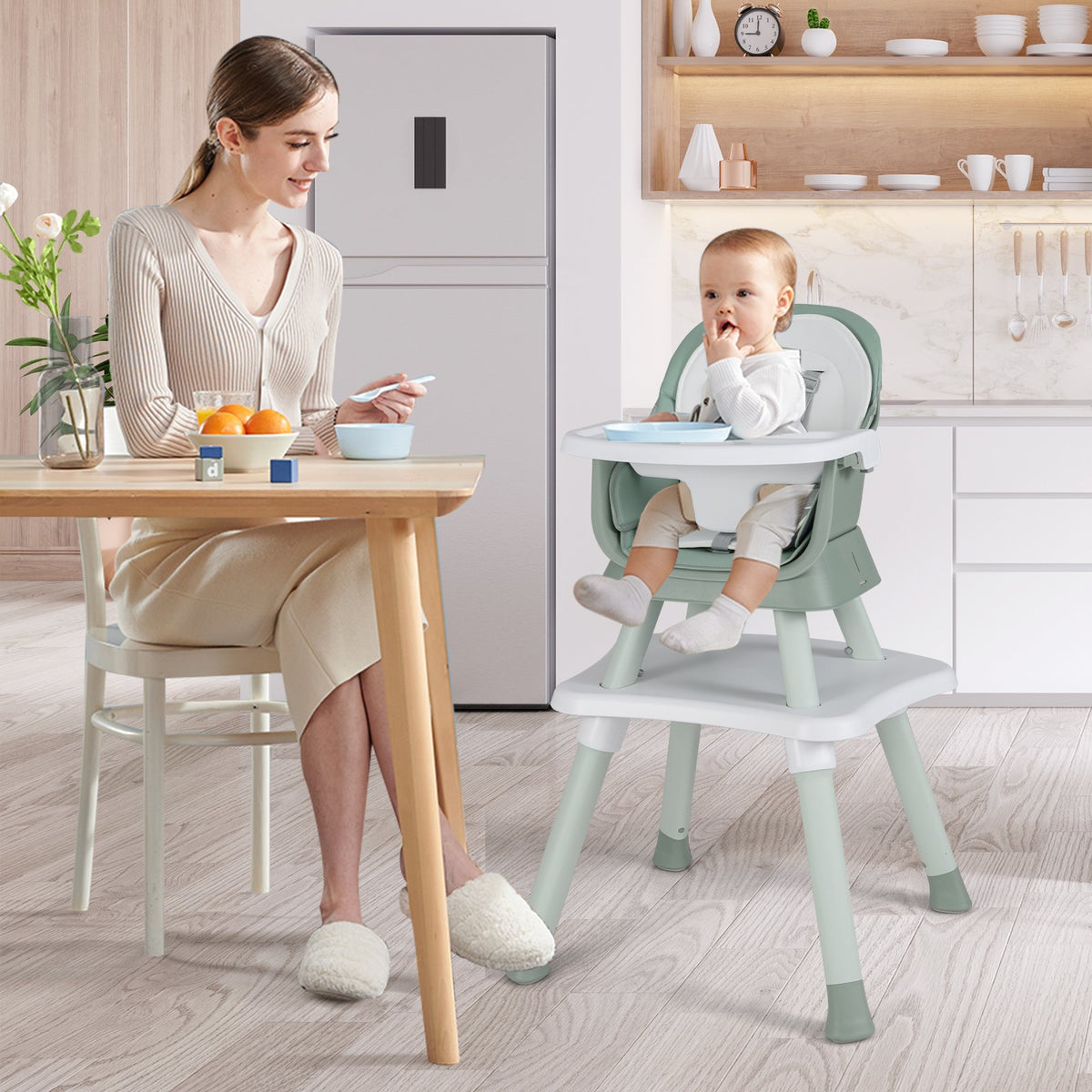 6-in-1 Convertible Baby High Chair with Adjustable Removable Tray-Green view 2