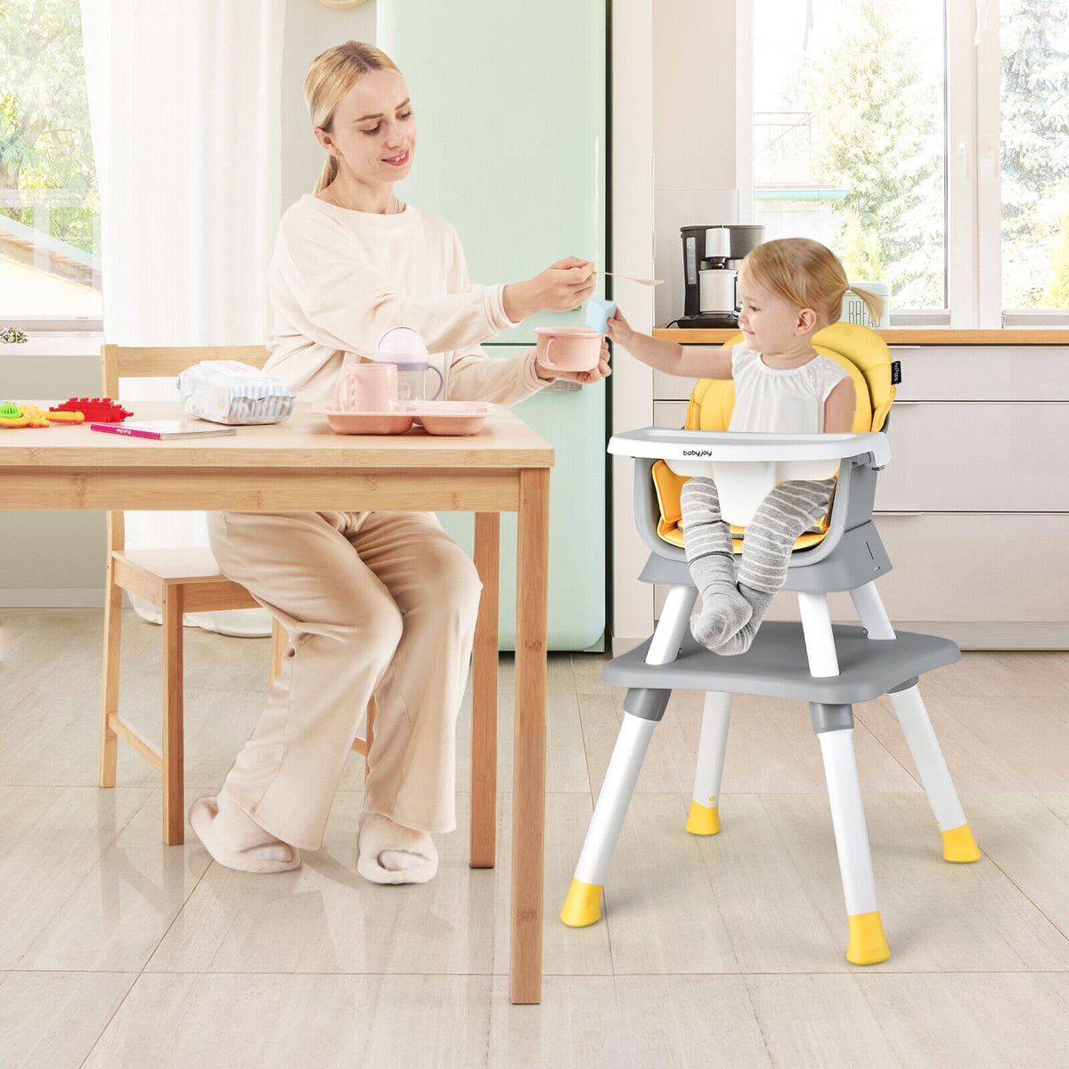 6-in-1 Convertible Baby High Chair with Adjustable Removable Tray-Yellow view 2