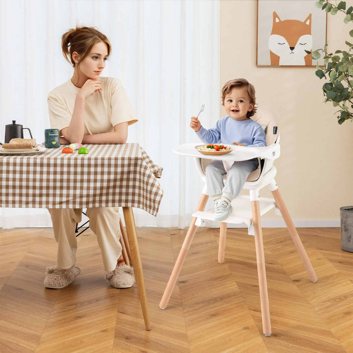 6 in 1 Convertible Highchair with Safety Harness and Removable Tray-Beige view 2