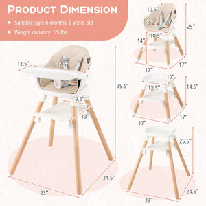 6 in 1 Convertible Highchair with Safety Harness and Removable Tray-Beige view 4