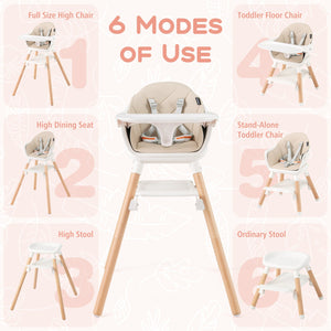 6 in 1 Convertible Highchair with Safety Harness and Removable Tray-Beige view 6