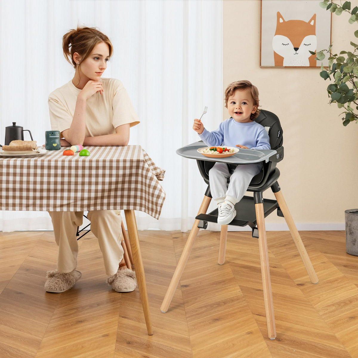 6 in 1 Convertible Highchair with Safety Harness and Removable Tray-Black view 2