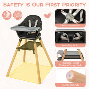 6 in 1 Convertible Highchair with Safety Harness and Removable Tray-Black view 5