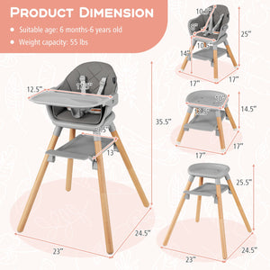 6 in 1 Convertible Highchair with Safety Harness and Removable Tray-Gray view 4
