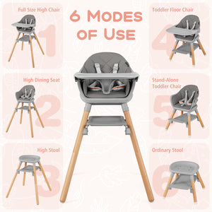 6 in 1 Convertible Highchair with Safety Harness and Removable Tray-Gray view 5