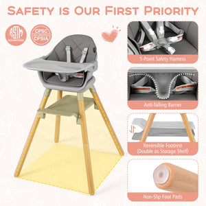 6 in 1 Convertible Highchair with Safety Harness and Removable Tray-Gray view 8