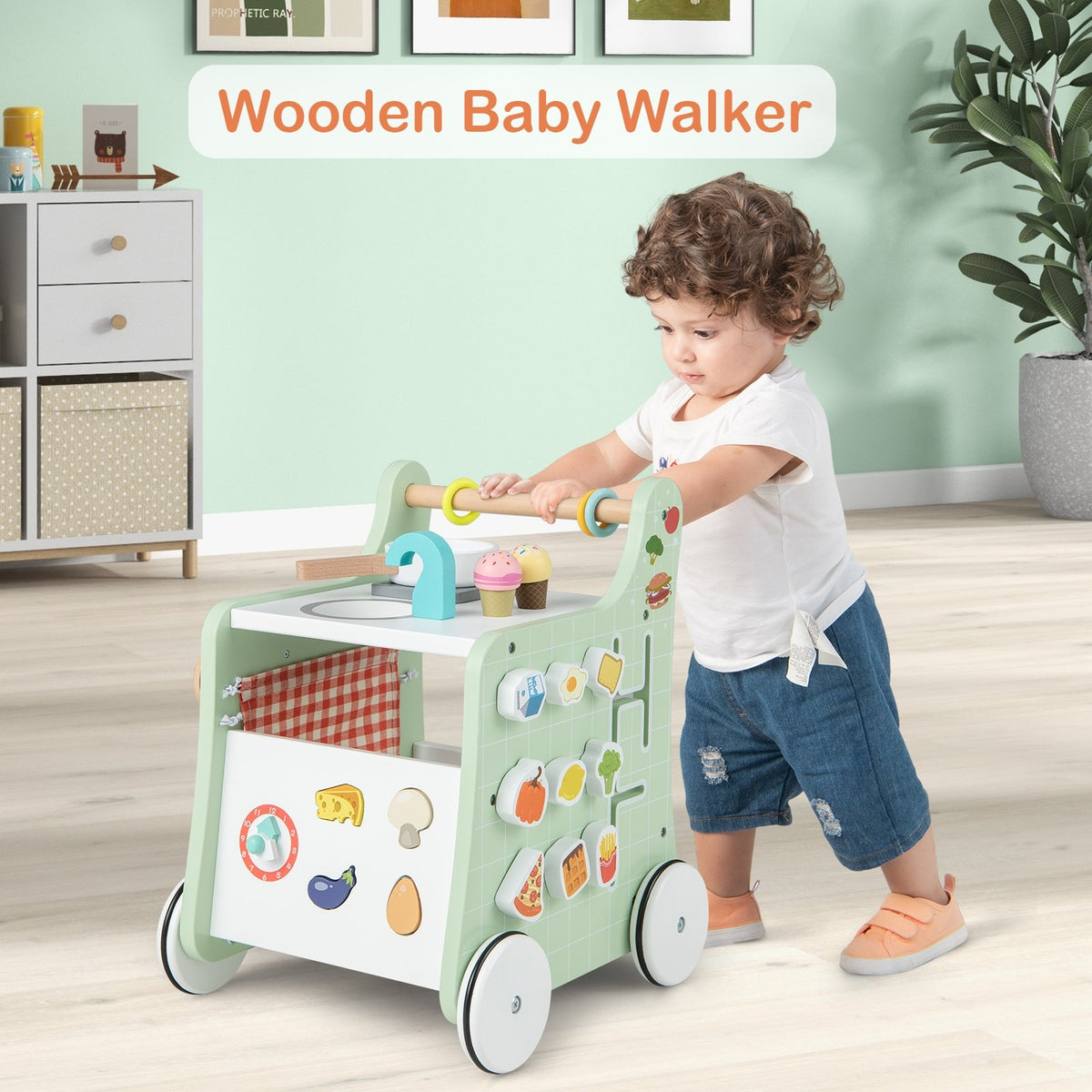 6-in-1 Wooden Baby Stroller with Play Kitchen for Kids Over 12 Months-Green view 2