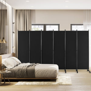 6 Panel 5.7 Feet Tall Rolling Room Divider on Wheels-Black view 3