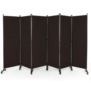 6 Panel 5.7 Feet Tall Rolling Room Divider on Wheels-Brown