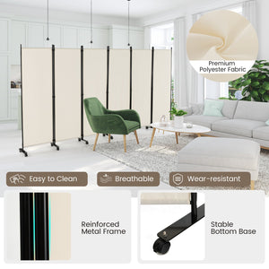 6 Panel 5.7 Feet Tall Rolling Room Divider on Wheels-White view 5