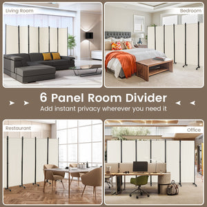 6 Panel 5.7 Feet Tall Rolling Room Divider on Wheels-White view 8