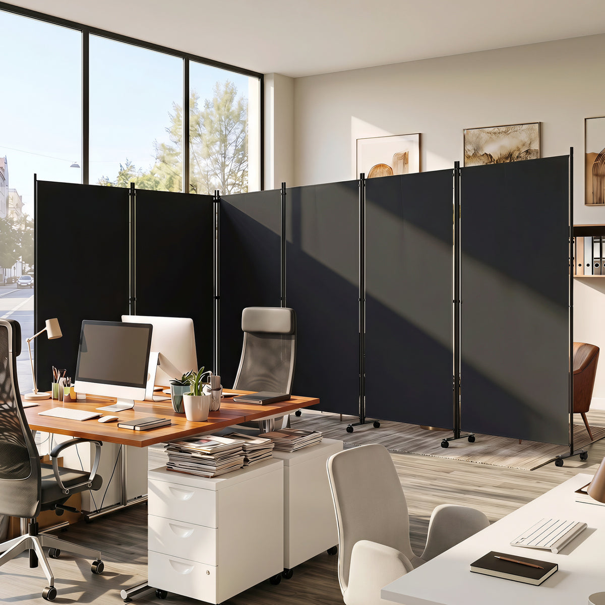 6 Panel Folding Privacy Screen Room Divider with Wheels-Black view 2