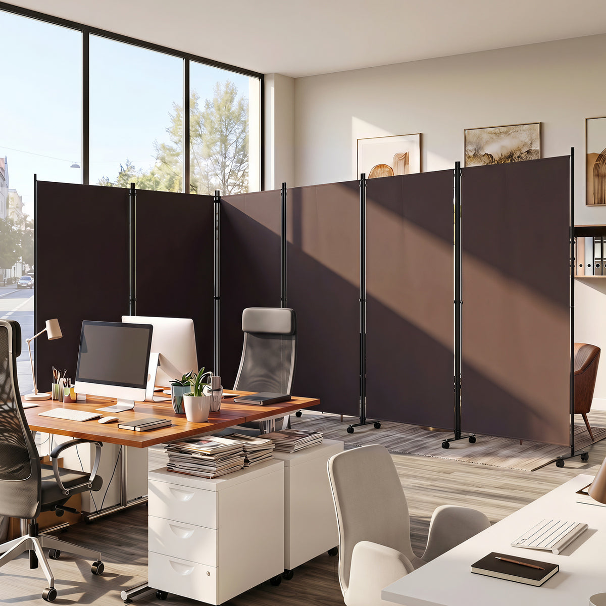 6 Panel Folding Privacy Screen Room Divider with Wheels-Coffee view 2
