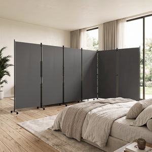 6 Panel Folding Privacy Screen Room Divider with Wheels-Gray view 3